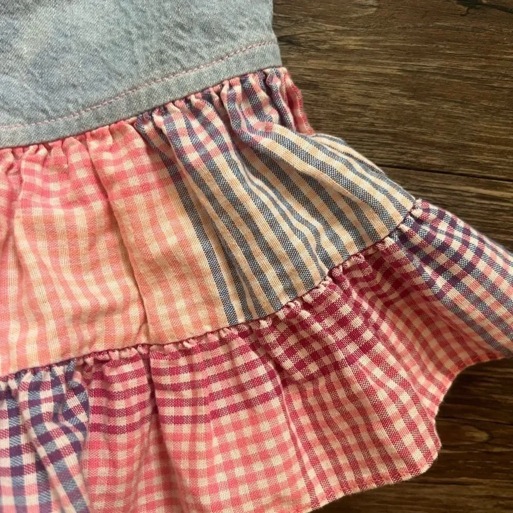 Vintage Bonnie Jean Sport Girls Denim & Tartan Plaid Tiered Hem SleevelessDress